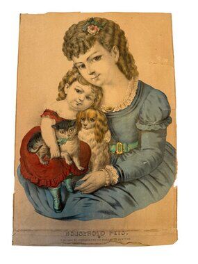 Antique Currier & Ives Household Pets Hand Colored Lithograph Print 152 Nassau S